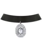 2028 Silver-tone Large Crystal Black Ribbon Choker Necklace