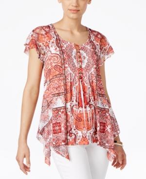 Style & Co. Printed Crochet-trim Top, Only At Macy's