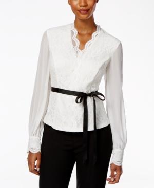 Alex Evenings Long-sleeve Belted Lace Blouse