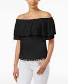 Kensie Off-the-shoulder Flounce Pom-pom Top