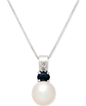 Cultured Freshwater Pearl (7mm), Sapphire (1/3 Ct. T.w.) & Diamond Accent 18 Pendant Necklace In 14k White Gold