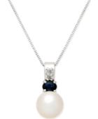 Cultured Freshwater Pearl (7mm), Sapphire (1/3 Ct. T.w.) & Diamond Accent 18 Pendant Necklace In 14k White Gold