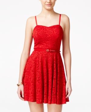 As U Wish Juniors' Floral Lace Fit-and-flare Party Dress With Belt