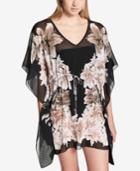 Calvin Klein Black Lily Printed Drawstring Caftan Cover-up Women's Swimsuit