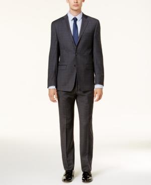 Calvin Klein Men's Slim-fit Dark Gray & Blue Plaid Suit
