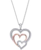 Diamond Two-tone Triple Heart 18 Pendant Necklace (1/4 Ct. T.w.) In 14k White & Rose Gold