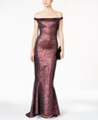 B Michael Off-the-shoulder Metallic Jacquard Gown