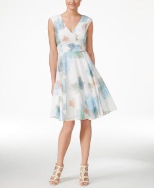 Calvin Klein Cap-sleeve Faux Wrap Floral Flare Dress