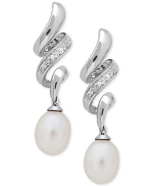 Cultured Freshwater Pearl (6 X 8mm) & Diamond Accent Drop Earrings In Sterling Silver