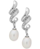 Cultured Freshwater Pearl (6 X 8mm) & Diamond Accent Drop Earrings In Sterling Silver