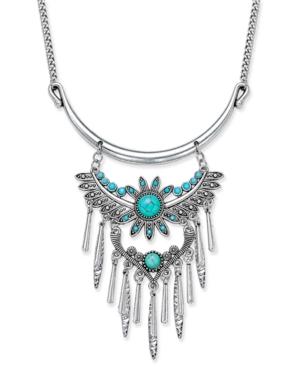 Silver-tone Turquoise-look Feather Fringe Collar Necklace