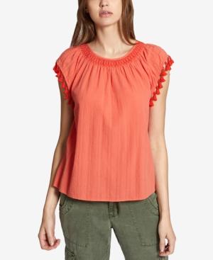 Sanctuary Gobi Cotton Tassel-trim Shirred-neck Top