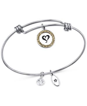 Unwritten Two-tone Crystal Accented Charm Adjustable Bangle Bracelet In Stainless Steel
