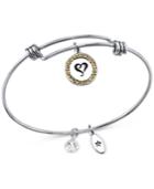 Unwritten Two-tone Crystal Accented Charm Adjustable Bangle Bracelet In Stainless Steel