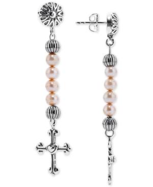 American West Dyed Freshwater Pearl (4mm) Cross Drop Earrings In Sterling Silver