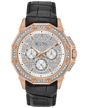 Bulova Men's Crystal-accent Black Leather Strap Watch 43mm 98c125