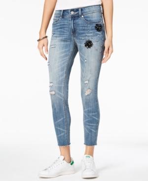 Indigo Rein Juniors' Ripped Embellished Skinny Ankle Jeans