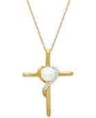 Cultured Freshwater Pearl (6 Mm) & Diamond Accent Cross 18 Pendant Necklace In 14k Gold