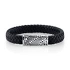 He Rocks Black Leather With Oxidized Design Stainless Steel Clasp Bracelet, 9