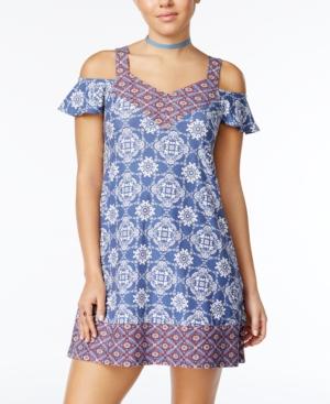 Planet Gold Juniors' Printed Cold-shoulder Shift Dress