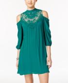 As U Wish Juniors' Lace-trim Cold-shoulder Peasant Dress