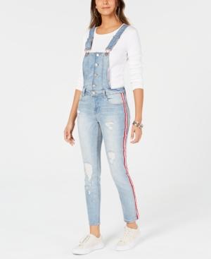 Dollhouse Juniors' Ripped Varsity-stripe Denim Overalls