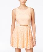City Studios Juniors' Belted Lace Fit & Flare Dress