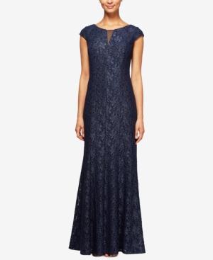 Alex Evenings Cap-sleeve Glitter Lace Column Gown
