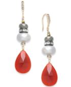 Paul & Pitu Naturally Two-tone Pave, Imitation Pearl & Red Stone Drop Earrings