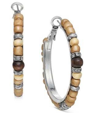 Silver-tone Wooden Bead And Pave Hoop Earrings