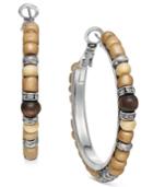 Silver-tone Wooden Bead And Pave Hoop Earrings