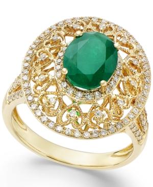 Emerald (1-1/2 Ct. T.w.) And Diamond (1/2 Ct. T.w.) Antique Ring In 14k Gold