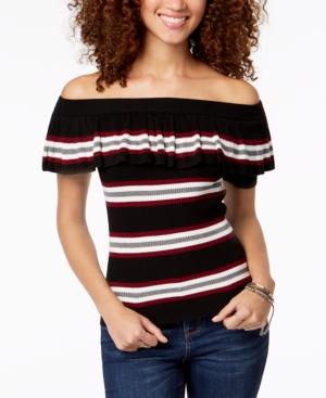 Hooked Up By Iot Juniors' Striped Off-the-shoulder Flounce Sweater