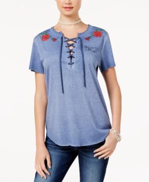 Disney Juniors' Beauty And The Beast Lace-up Graphic T-shirt By Freeze 24-7