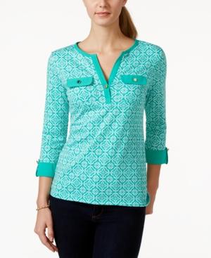 Charter Club Roll-tab Printed Henley Top