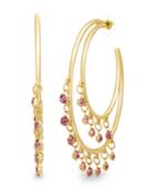 Catherine Malandrino Women's Pink Rhinestone Double Layered Yellow Gold-tone Open Hoop Earrings