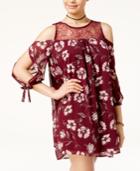 Trixxi Juniors' Printed Lace-trim Cold-shoulder Shift Dress