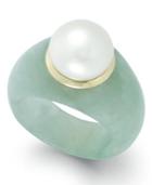 Cultured Freshwater Pearl Jade Ring In 14k Gold (9mm)