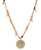 Gold-tone Beaded Medallion Pendant Necklace