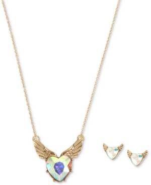 Betsey Johnson Gold-tone Iridescent Stone Winged Heart Pendant Necklace & Stud Earrings