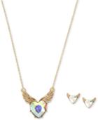Betsey Johnson Gold-tone Iridescent Stone Winged Heart Pendant Necklace & Stud Earrings