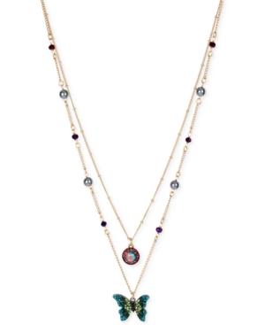 Betsey Johnson Two-tone Butterfly And Crystal Layer Pendant Necklace