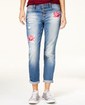 Black Daisy Juniors' Ripped Appliqued Boyfriend Jeans