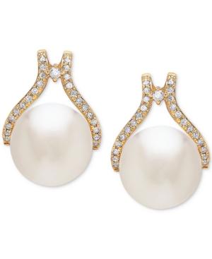 Honora Style Cultured White Ming Pearl (12mm) & Diamond (1/3 Ct. T.w.) Stud Earrings In 14k Gold