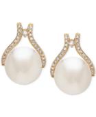 Honora Style Cultured White Ming Pearl (12mm) & Diamond (1/3 Ct. T.w.) Stud Earrings In 14k Gold