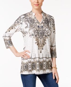 Jm Collection Embellished Split-neck Top, Only At Macy's
