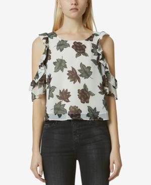 Avec Les Filles Printed Cold-shoulder Ruffled Top