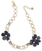 Kate Spade New York Gold-tone Multi-stone & Imitation Pearl Leather Flower Collar Necklace, 16 + 2 Extender