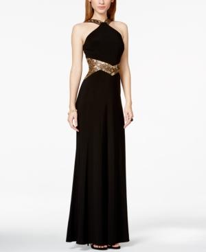 Betsy & Adam Crisscross Beaded Illusion Halter Gown