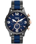 Fossil Men's Chronograph Nate Blue Silicone And Black Ion-plated Stainless Steel Bracelet Watch 50mm Jr1494